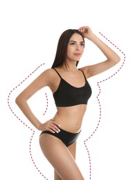 Young slim woman in underwear after weight loss on white background. Healthy diet