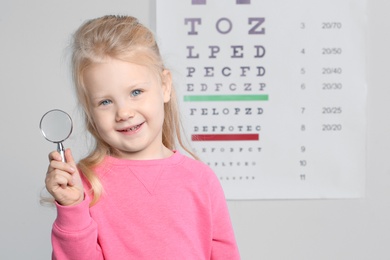 Little girl with magnifier visiting children's doctor, space for text. Eye examination
