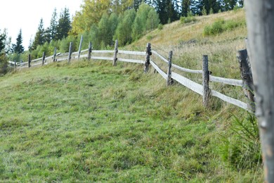Beautiful countryside view with wooden fence and different trees outdoors