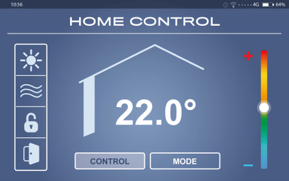 Energy efficiency home control system. Application displaying indoor temperature and other settings