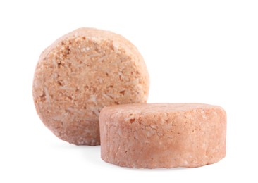 Solid shampoo bars on white background. Hair care