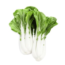 Fresh green pak choy cabbages on white background, top view