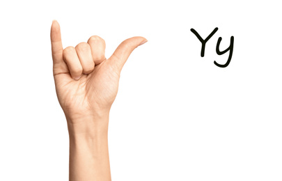 Image of Woman showing letter Y on white background, closeup. Sign language