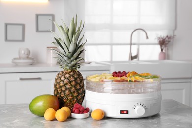 Fruits and dehydrator machine on grey marble table in kitchen
