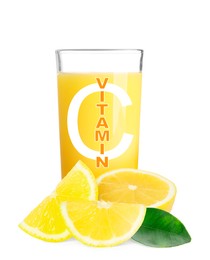 Source of Vitamin C. Glass of lemon juice, fresh fruits and green leaf on white background