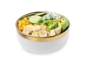 Photo of Delicious poke bowl with vegetables, tofu, avocado and microgreens isolated on white
