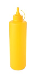 Plastic bottle of spicy mustard isolated on white
