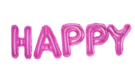Word HAPPY made of pink foil balloons letters on white background
