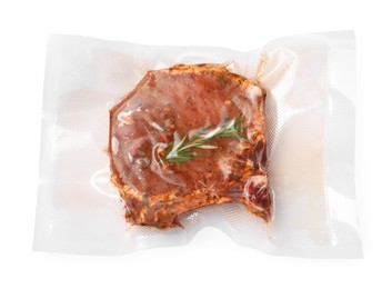 Vacuum pack of meat isolated on white, top view