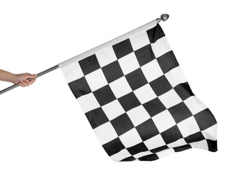Photo of Woman holding checkered finish flag on white background, closeup