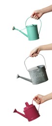 Image of Collage with photos of women holding different watering cans on white background, closeup. Vertical banner design