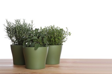 Pots with thyme, sage and rosemary on wooden table against white background