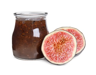 Glass jar of tasty sweet fig jam isolated on white