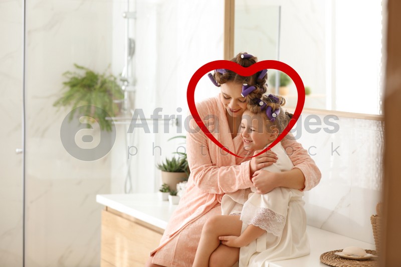 Illustration of red heart and happy mother with daughter with curlers in bathroom