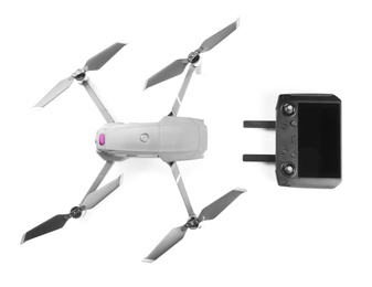 Modern drone with controller on white background, top view