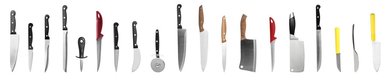Set with different knives on white background, banner design. Cooking utensils