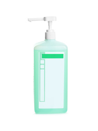 Photo of Dispenser bottle with green antiseptic gel isolated on white