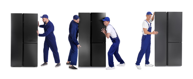 Collage of workers carrying refrigerators on white background. Banner design 