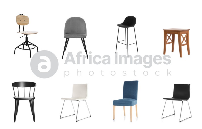 Set with different stylish chairs on white background