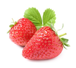 Delicious fresh red strawberries and green leaf on white background
