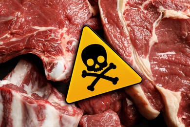 Skull and crossbones sign on raw meat, top view. Be careful - toxic