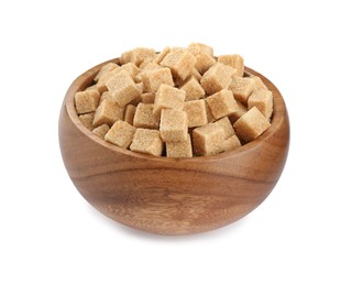 Wooden bowl with brown sugar cubes isolated on white