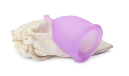 Silicone menstrual cup with cotton bag on white background