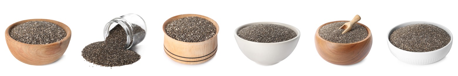 Image of Set with chia seeds on white background. Banner design