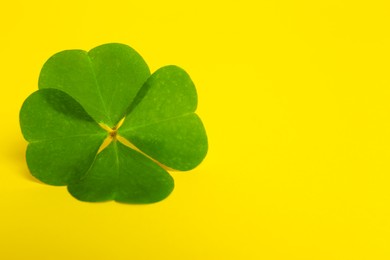 Beautiful green four leaf clover on yellow background, closeup. Space for text