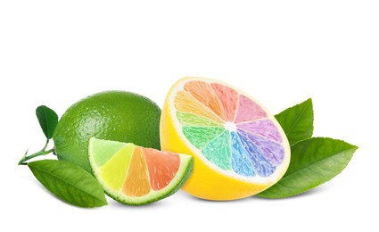 Fresh lemon and lime with rainbow segments on white background. Brighten your life