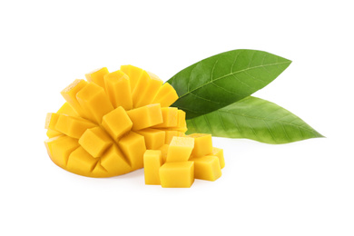Cut ripe mango isolated on white. Exotic fruit