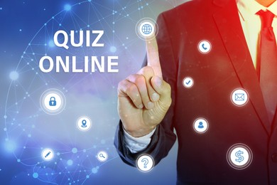 Quiz online. Man pointing at icons on virtual screen against color background, closeup 