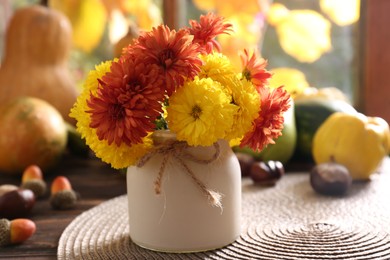 Beautiful colorful chrysanthemum flowers in vase on wooden table indoors. Autumn still life