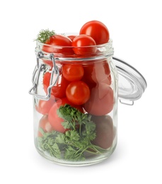 Pickling jar with fresh ripe cherry tomatoes isolated on white