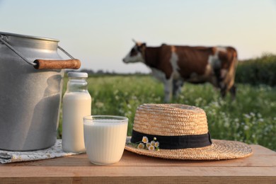 Photo of Milk, straw hat with camomiles on wooden table and cow grazing in meadow