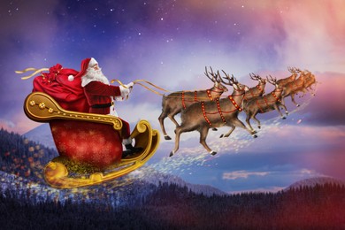 Image of Magic Christmas eve. Santa with reindeers flying in sky  