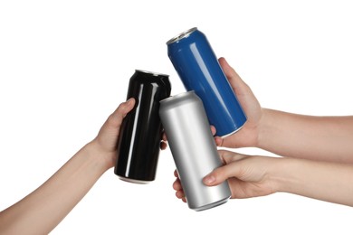 Photo of Friends clinking different cans on white background, closeup