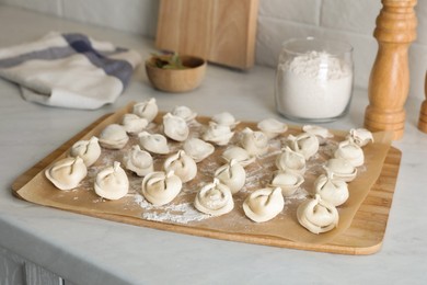 Fresh uncooked dumplings and flour on white table