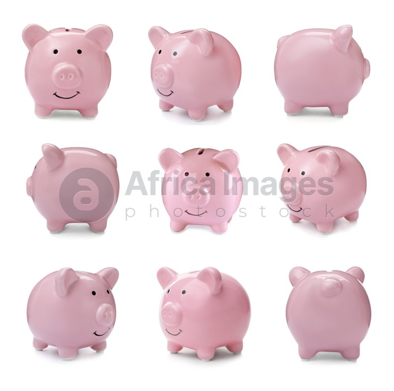 Set with pink piggy banks on white background. Money saving