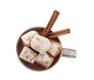 Cup of delicious hot chocolate with marshmallows and cinnamon sticks isolated on white, top view