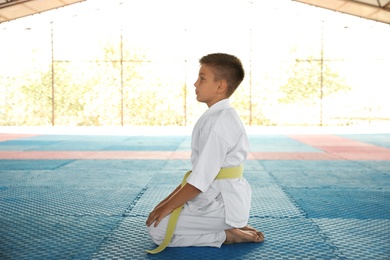 Boy in kimono sitting on tatami outdoors. Karate practice