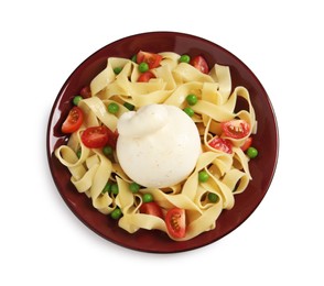 Plate of delicious pasta with burrata, peas and tomatoes isolated on white, top view