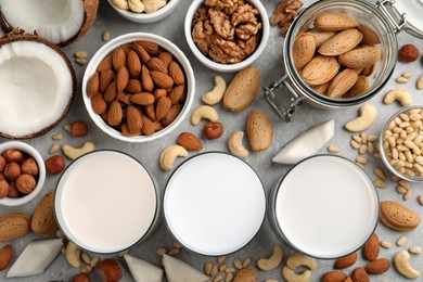 Photo of Vegan milk and different nuts on grey table, flat lay