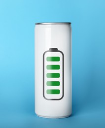 Image of Can of energy drink with picture of fully charged battery on light blue background