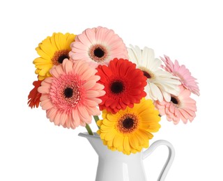 Bouquet of beautiful colorful gerbera flowers in vase on white background