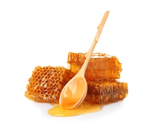 Composition with fresh honeycombs on white background