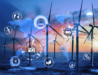 Alternative energy source. Floating wind turbines in sea, world map illustration and scheme