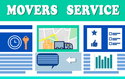 Movers service. Illustration of truck, map and different icons 
