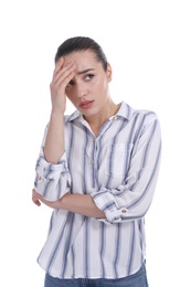 Upset woman in shirt on white background