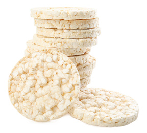 Stack of puffed rice cakes isolated on white